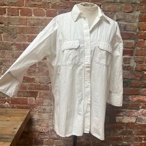 Mango MNG White Cotton Contrast Stitch Oversized Button Down Shirt Utility XS/2